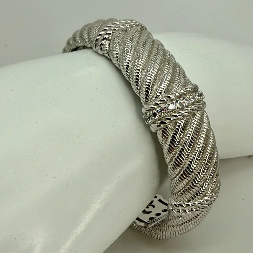 Vintage Judith Ripka Sterling Silver Cuff Bracelet with White Crystals 6.5”